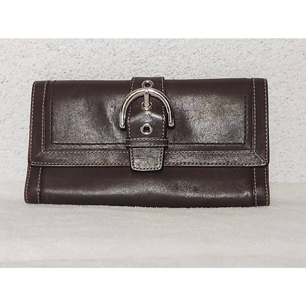 Vintage Coach Wallet Dark Brown Leather Snap Closure Beige Leather Interior